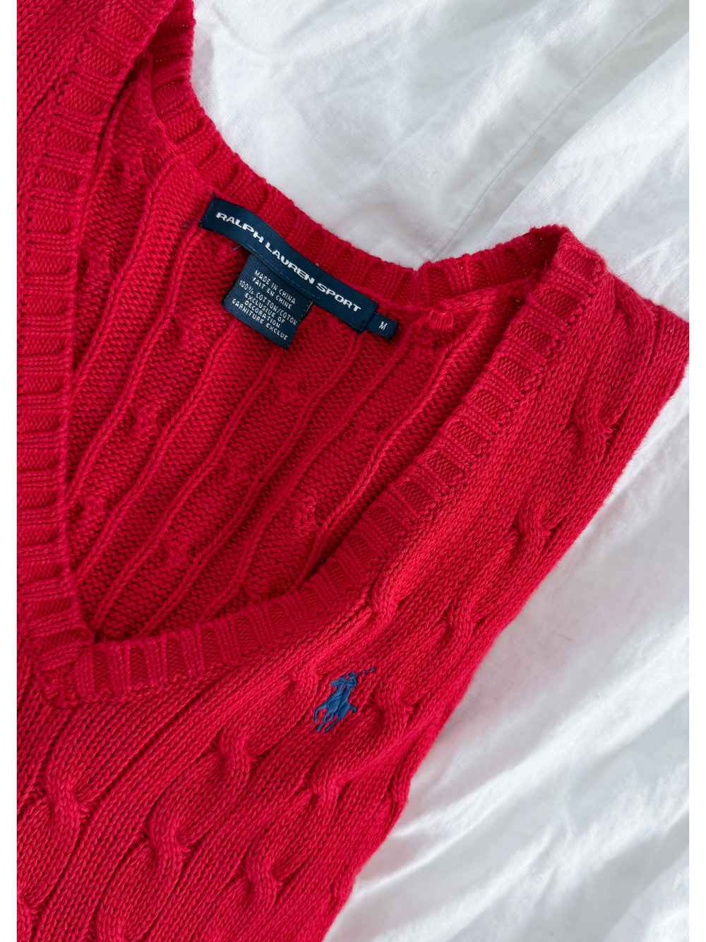 Vintage 00s Ralph Lauren Sport Red Cotton Cable Knit V-Neck Sweater